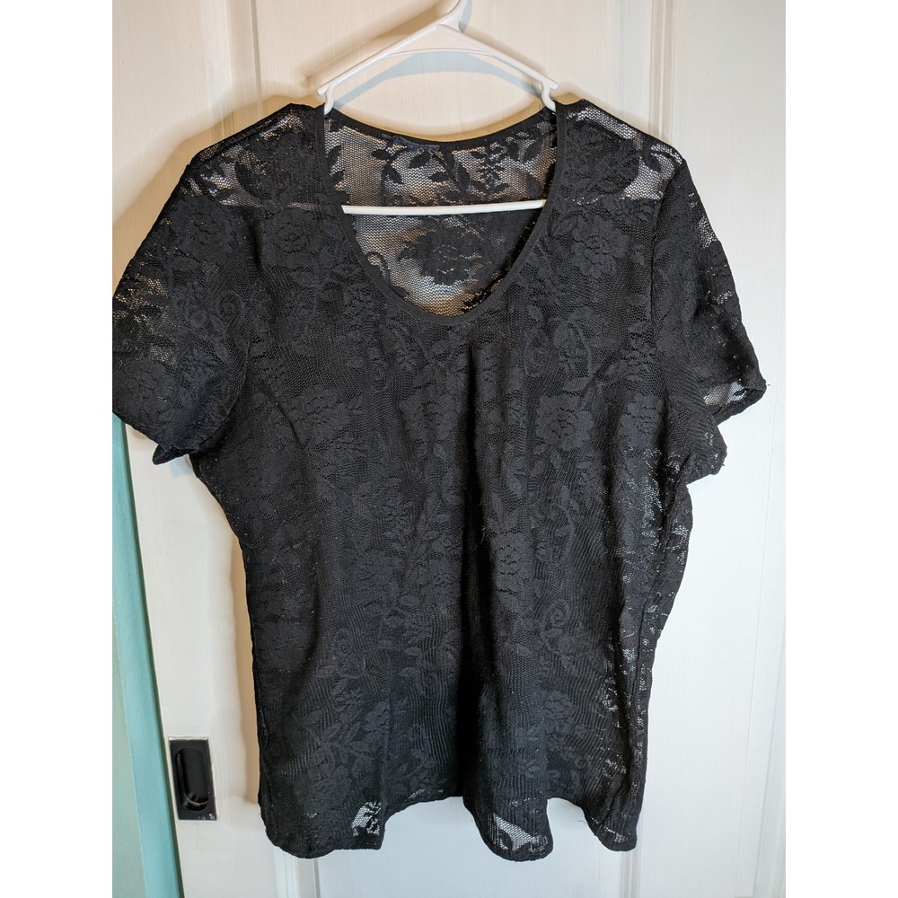 Womens Black Floral Lace Sheer V-Neck Short Sleeve Mesh Blouse Top